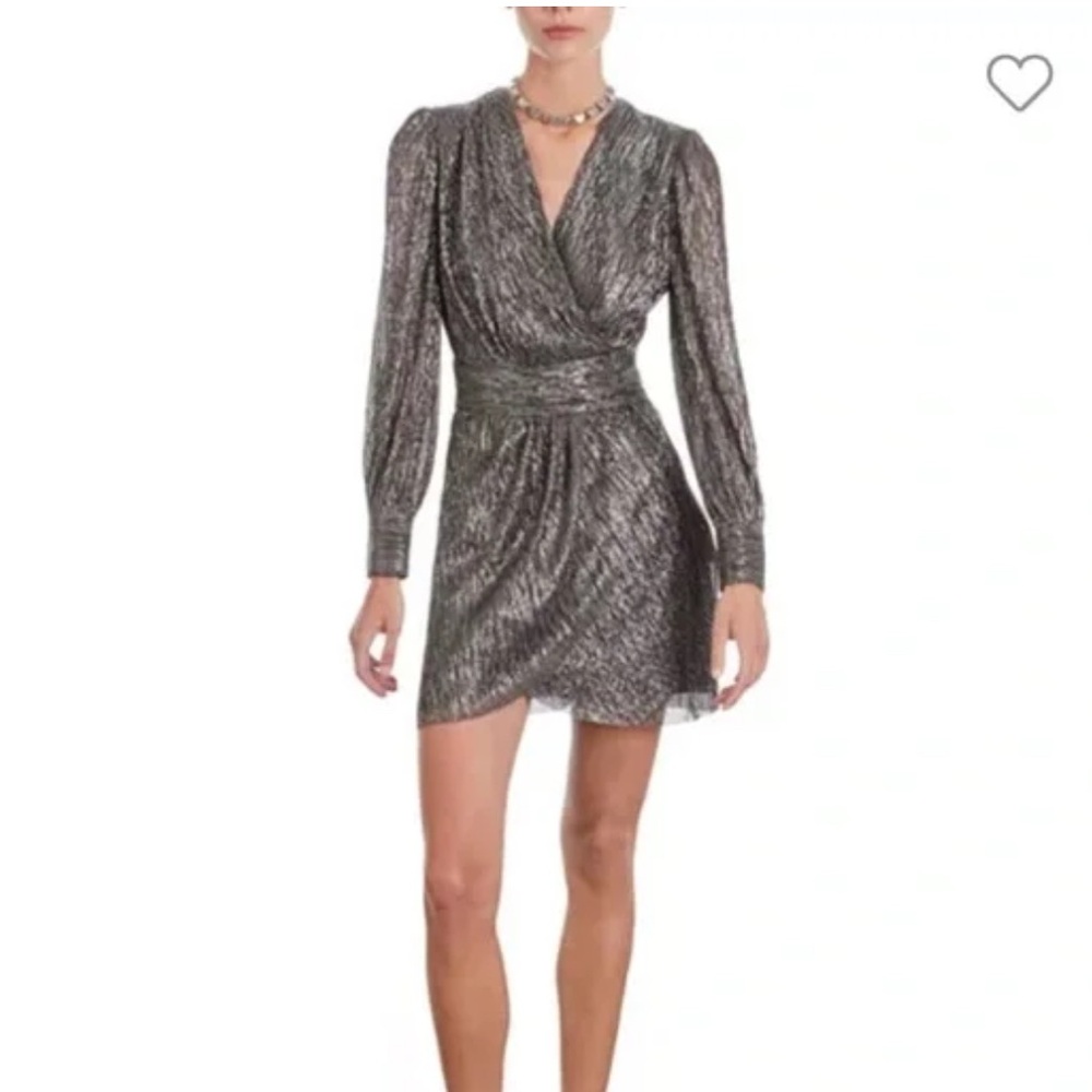 The Kooples Silver Ruched Faux Wrap Dress with Long Sleeves L NWT